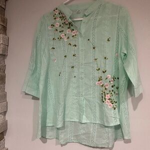 Mint Green Boxy Blouse with 3/4 Sleeves and Embellishments